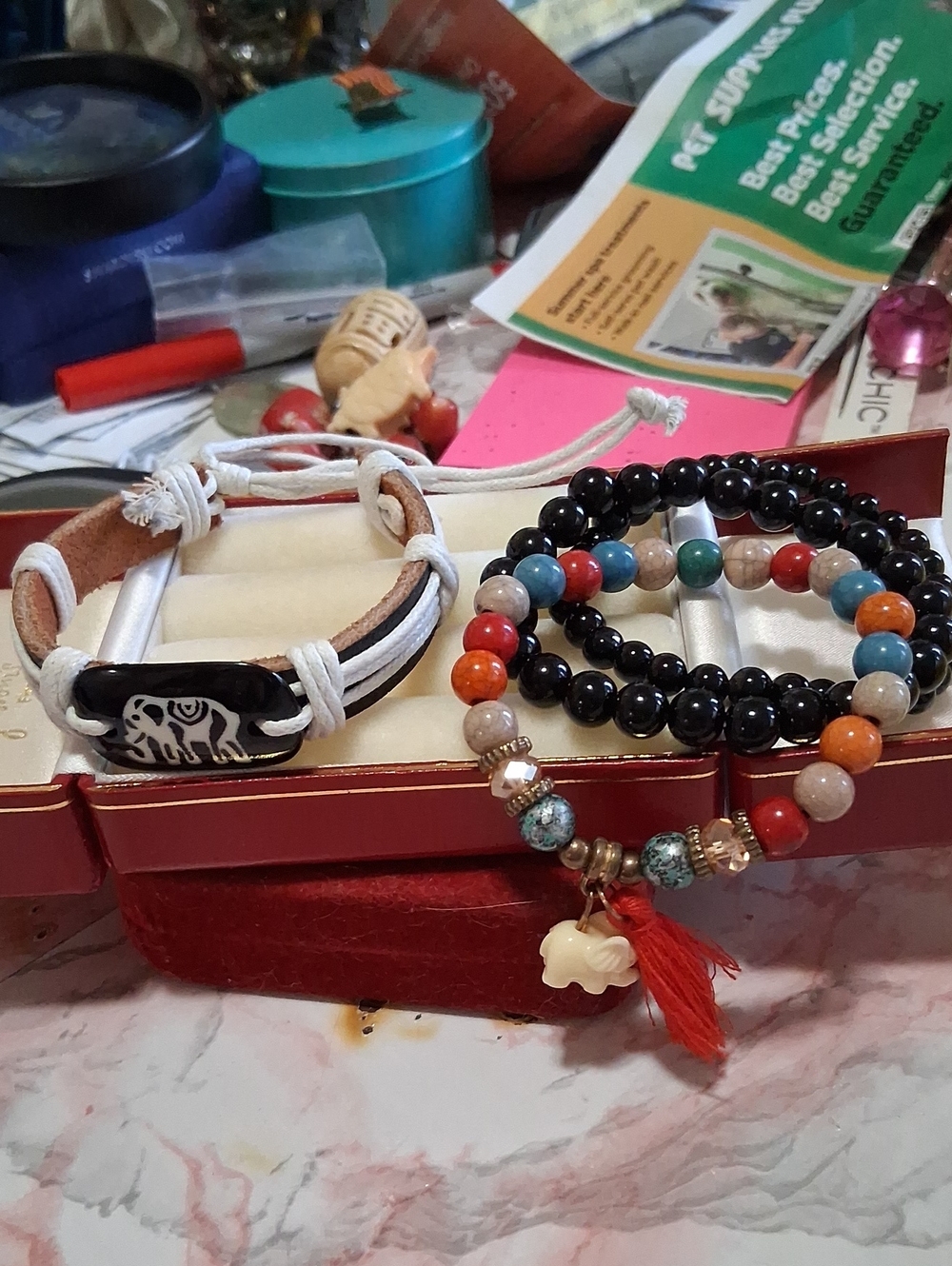 Kids Multi-Color Beaded Bracelet Set with White Leather Elephant Cuff